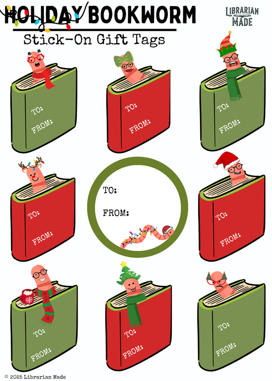 Sticky Gift Tags-Holiday Bookworm